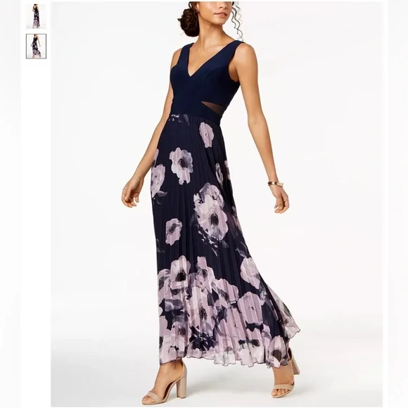 XSCAPE Illusion-Inset Floral Print Gown